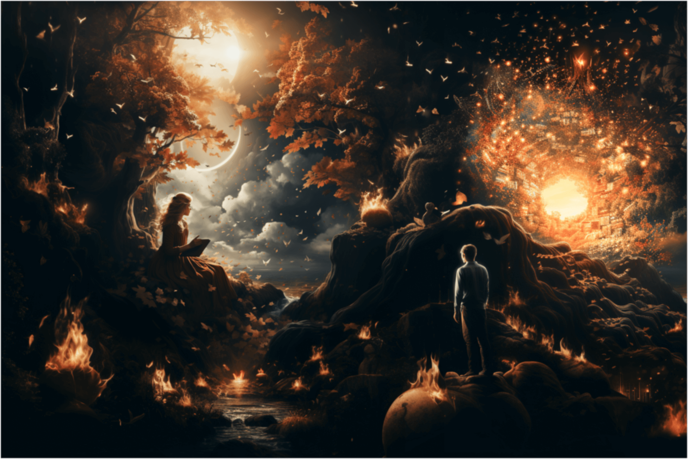 An illuminated tree in a dreamlike forest, with readers beneath its branches